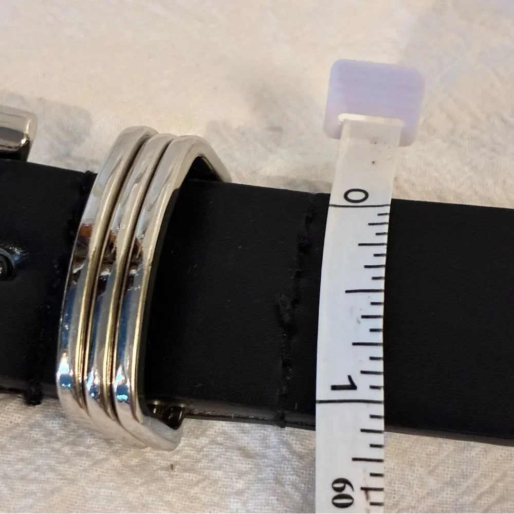 Womens Belt Black Silver Buckle Triple Loop Faux Leather Size Small/Med